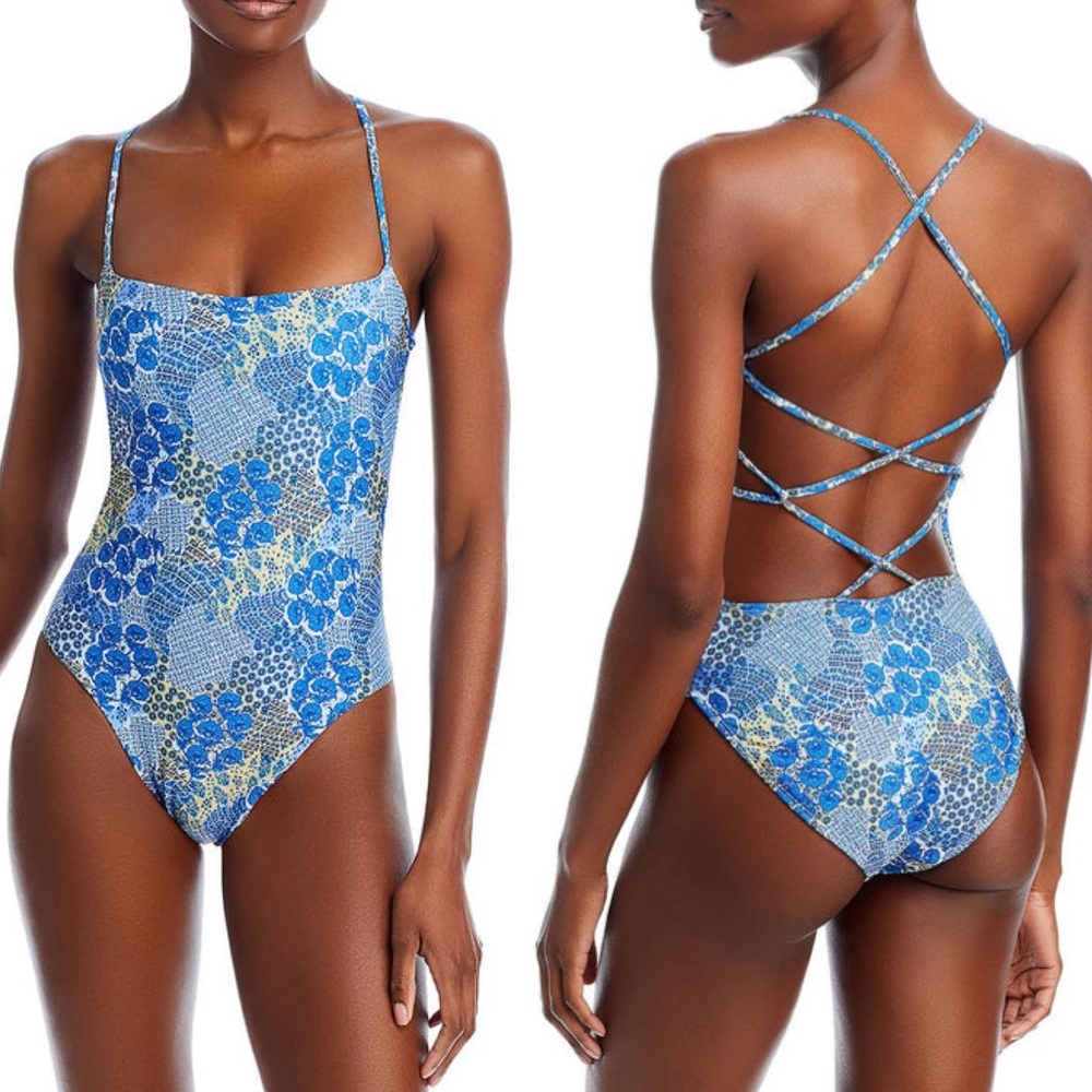 Peixoto Printed One Piece Swimsuit Straps Crisscross lace up Back small square